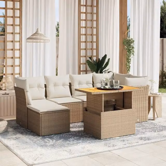 Set Divani da Giardino 7 pz con Cuscini Beige in Polyrattan 3275480