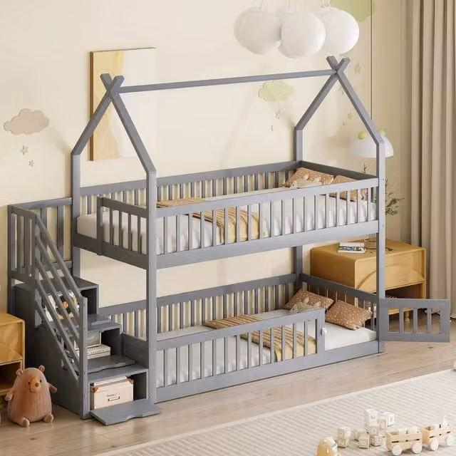 Letto a castello 2 posti per bambini 90×200 cm con scala, cassetti e area gioco delimitata, senza materasso, grigio