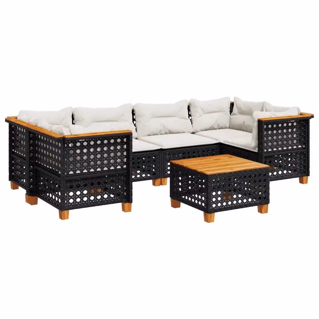 vidaXL Set Divani da Giardino a L con Cuscini 7pz Nero Polyrattan e Legno di Acacia – 2