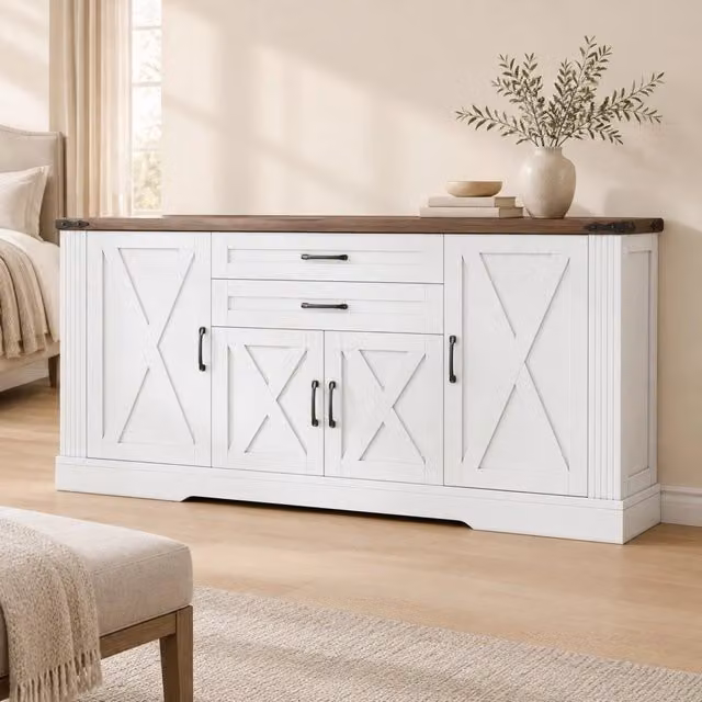 Credenza ULEVR 160x39x81,5 cm con 4 ante, 2 cassetti e ripiani regolabili, bianca con piano color noce