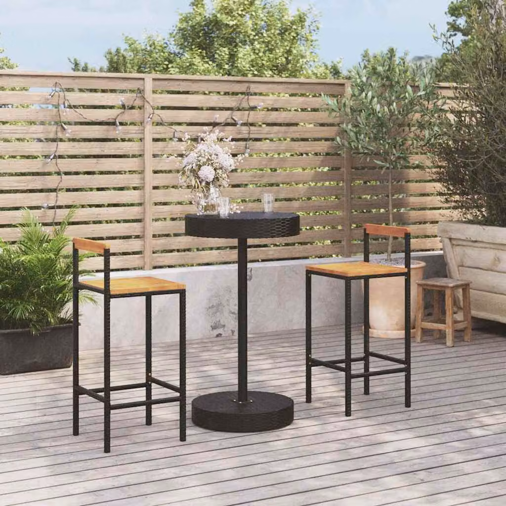 Set Bar da Giardino vidaXL in 3 Pezzi Nero con Polyrattan e Legno di Acacia