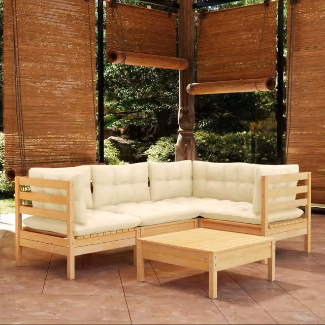 Set Salotto da Giardino 5pz con Cuscini Crema in Legno di Pino 3096376