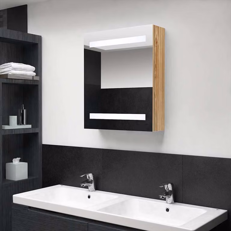 Armadietto da bagno con specchio e illuminazione LED vidaXL in rovere marrone, L: 50 cm, P: 14 cm, H: 60 cm