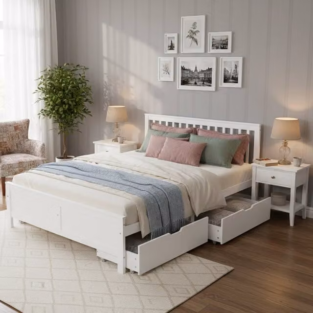Letto Matrimoniale REDOM in Legno e MDF Bianco con 2 Cassetti L/P: 140 x 200 cm