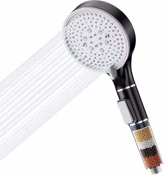 Ibenzoa®: soffione manuale in ABS – doccetta con 5 getti regolabili, ugelli in silicone liquido e filtro in pietra minerale, che aumenta la pressione e consente di risparmiare acqua, compatibile con i normali miscelatori per doccia