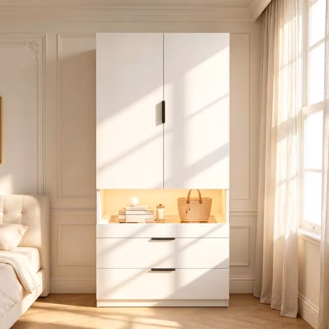 Armadio 90 x 50 x 200 cm; illuminazione LED; cassetto portagioie; asta appendiabiti; ripiano in vetro; 3 cassetti; bianco