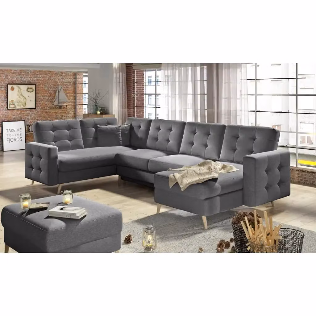 Divano ad angolo panoramico reversibile MEUBLORAMA con contenitore e funzione letto, rivestimento in velluto grigio, L: 326 cm – 2