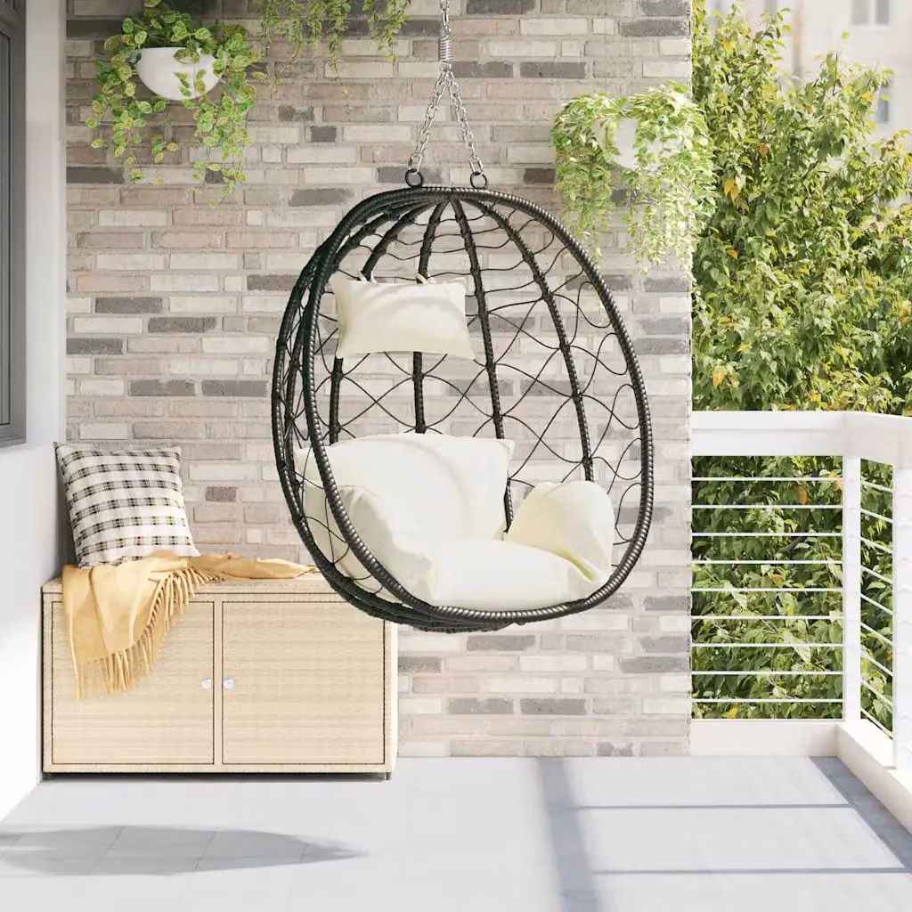 Sedia uovo sospesa moderna vidaXL in polyrattan con cuscini, Bianco crema, L/P/H: 91 x 54.5 x 107 cm