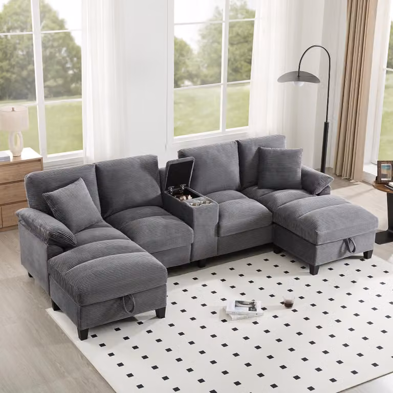 Fortuna Lai Ampio divano a 4 posti a forma di U con vano portaoggetti, rivestimento in velluto oversize e cuscini, portabevande in acciaio inossidabile e due porte USB, adatto per soggiorno, camera da letto e appartamenti.