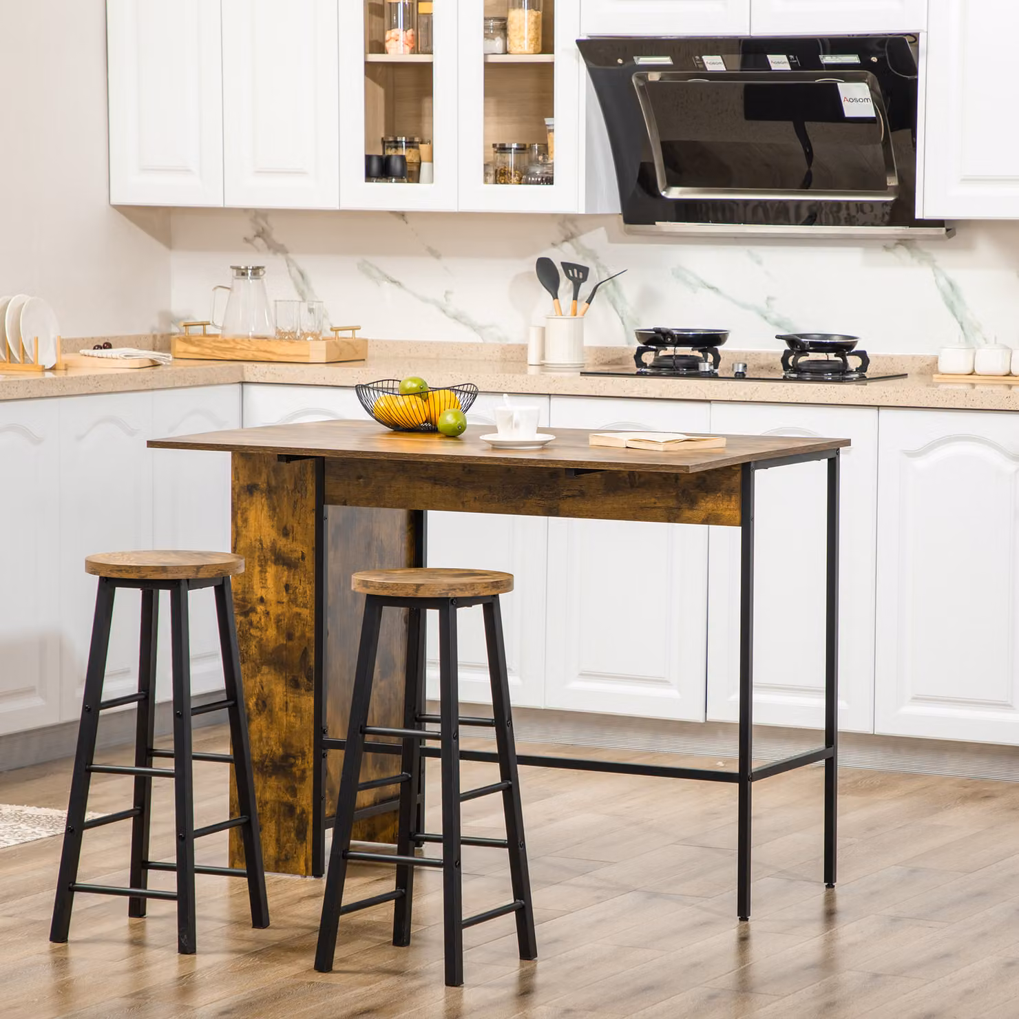 Bancone Bar Pieghevole HOMCOM in Stile Industriale con Scaffale a 3 Ripiani, Colore Marrone, L: 120 cm, P: 76 cm, H: 91.4 cm – 2