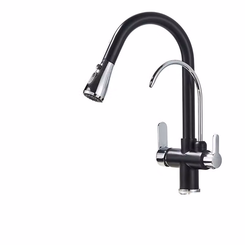 Rubinetto da cucina, design a due manopole, funzione spray estraibile, finitura cromata nera