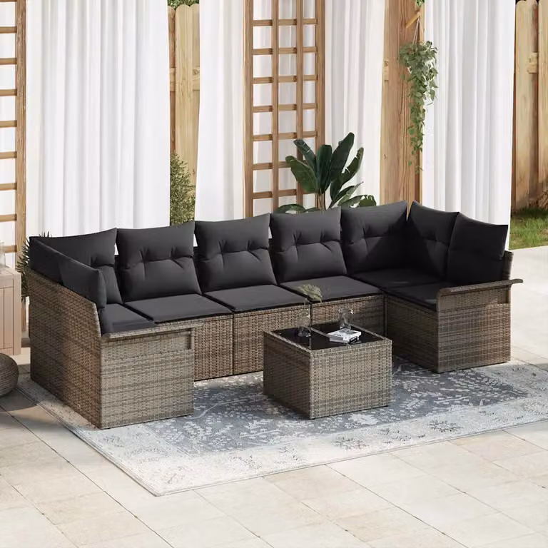 Set Divano da Giardino a L vidaXL 8 Pezzi Grigio con Cuscini e Tavolino in Polyrattan e Acciaio