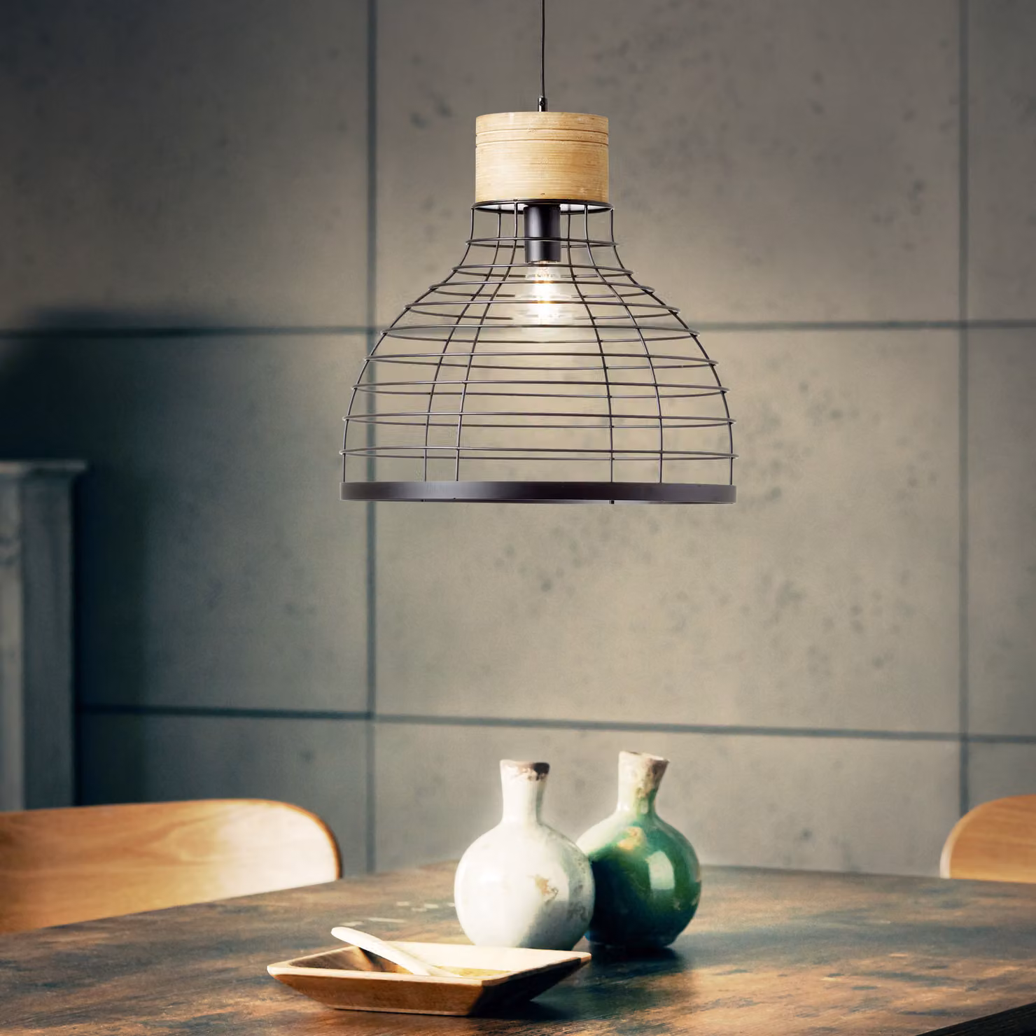 BRILLIANT lampada a sospensione moderna AVIA | Lampada a sospensione con paralume nero e dettagli in legno sostenibile, Ø 47 cm | 1 attacco E27, max. 52 W | Metallo/legno