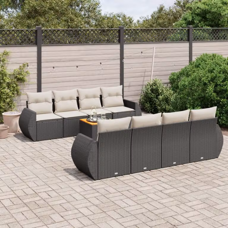 vidaXL Set Divani da Giardino 9 pz a Forma a U in Polyrattan Nero con Cuscini e Tavolino da Esterno