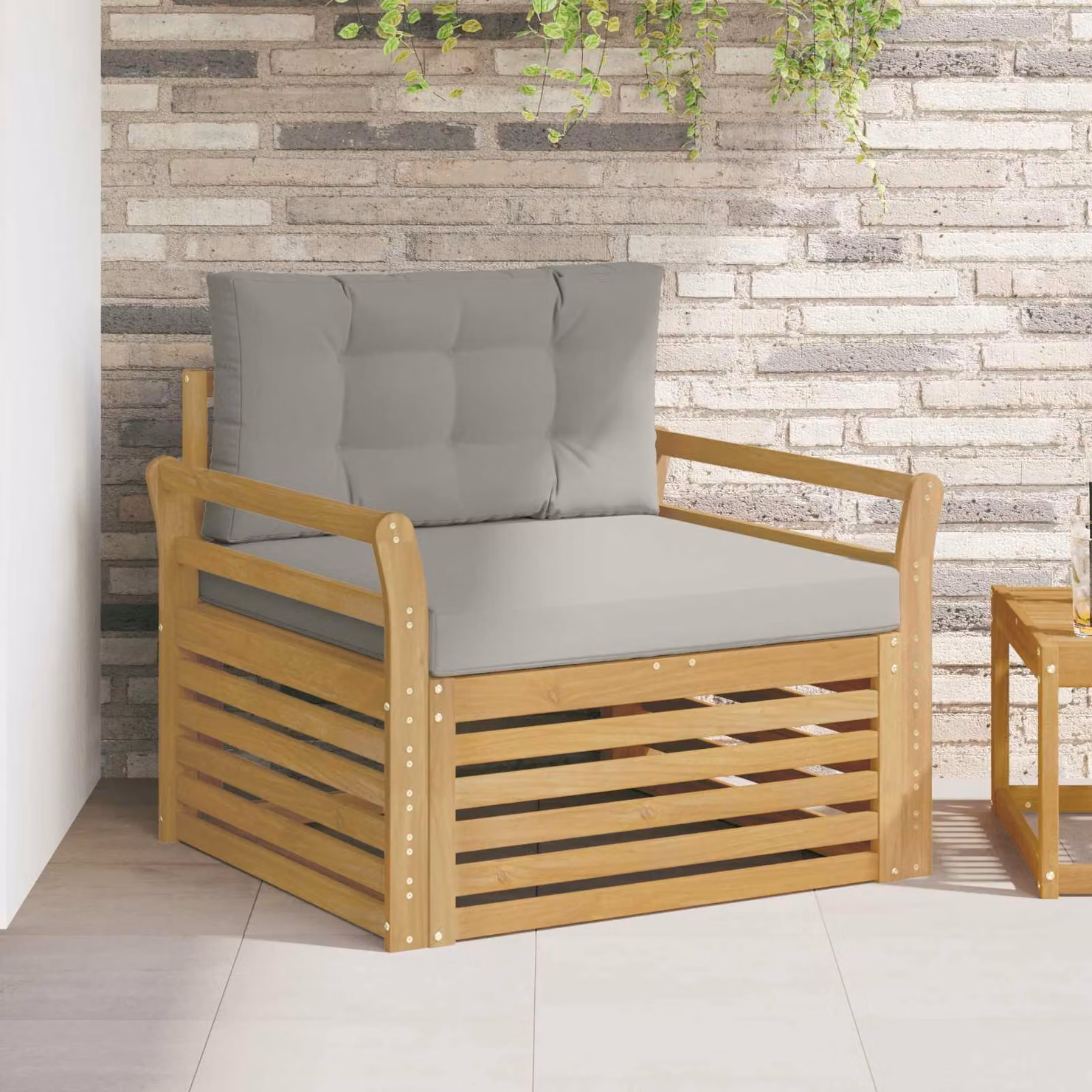Divano da esterno moderno vidaXL in legno di acacia con cuscini in poliestere bianco e grigio resistente ai raggi UV