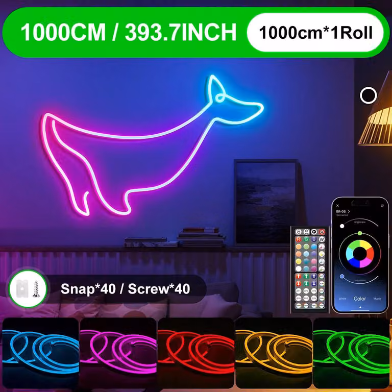 Striscia LED neon flessibile - 10 metri - RGB - Controllo tramite app e telecomando - Sincronizzazione con la musica - Grado di protezione IP65 - Adatta per uso esterno