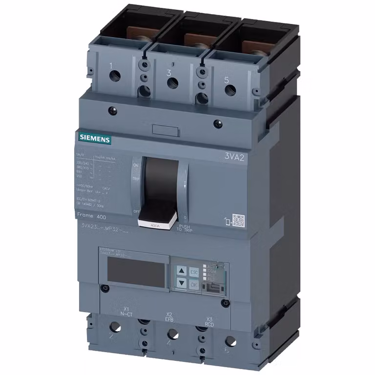 Interruttore di potenza Siemens 3VA2, telaio IEC 400, classe di capacità di interruzione C, Icu=110 kA a 415 V, 3VA23257MP320AA0