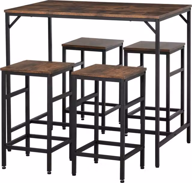 Set da bar, tavolo alto con 4 sgabelli, set da 5 pezzi per cucina, truciolato/acciaio, marrone rustico/nero, 100x60x88 cm