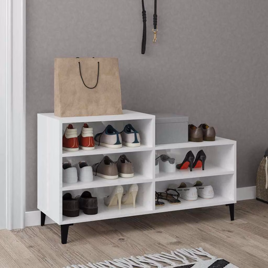 Scarpiera vidaXL Bianco Lucido in Legno e Metallo con Ripiani e Ante a Battente L: 102 cm, P: 36 cm, H: 60 cm