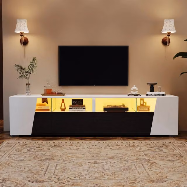 Mobile TV REDOM in MDF e Vetro Bianco e Nero con Illuminazione LED Integrata L: 180 cm, P: 38,5 cm, H: 45 cm – 1