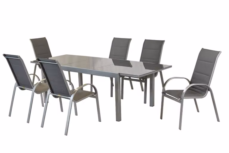 Set di mobili da giardino Merxx grafite 7 pezzi, 6 sedie impilabili, 1 tavolo allungabile 180 (250) x 100 cm - alluminio/tessuto
