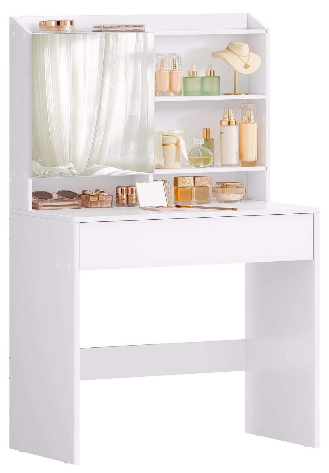 Comò con specchio, cassetto, ripiani regolabili, dimensioni 40x70x136 cm, colore bianco