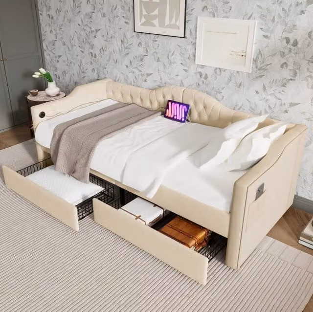 Letto singolo 90x200 cm con 2 cassetti; porte USB e USB-C; in velluto beige