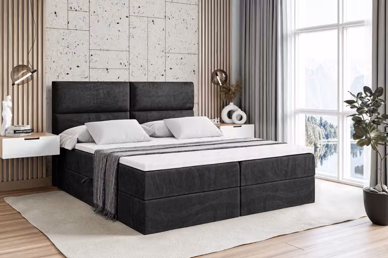 Letto boxspring ALTDECOR con materasso H3 e topper - 160 x 200 cm - BOXI3 - Velluto nero - Letto imbottito con contenitore e rete a doghe, letto con spazio contenitivo