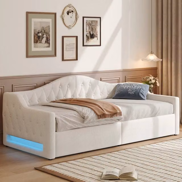 letto giornaliero imbottito mdf multistrato e lino beige 90 x 200 cm