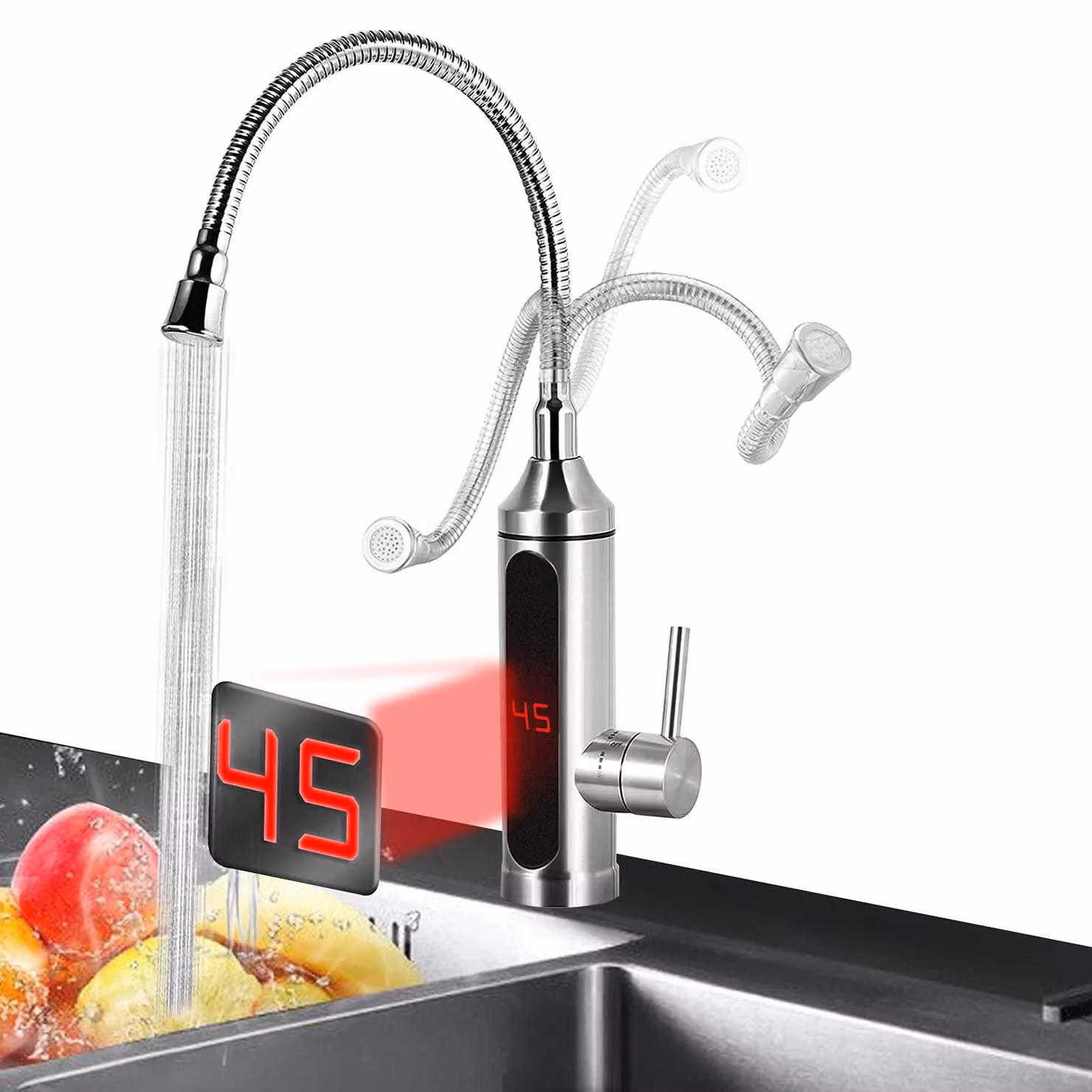 Scaldabagno istantaneo, alimentazione 220V, acciaio inossidabile, display LED