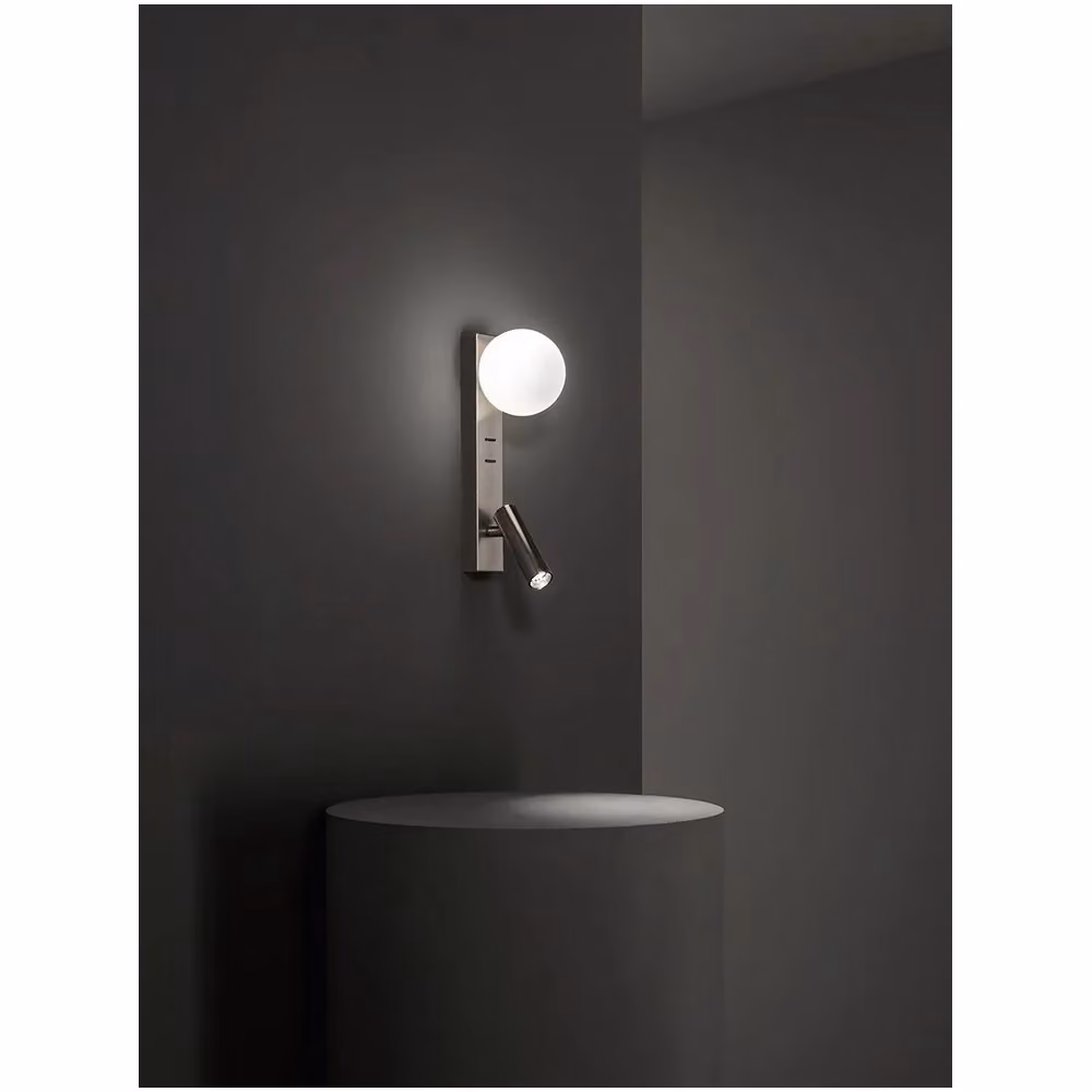 Applique da Comodino Fog Perenz con USB e USB-C, Sfera in Vetro Bianco e Corpo Orientabile Grigio, Luce LED 3000K G9 – 2