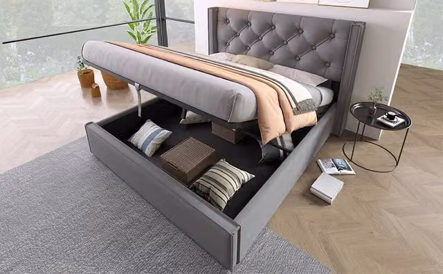 Letto matrimoniale contenitore imbottito con apertura idraulica, cotone, grigio, 140x200 cm, senza materasso