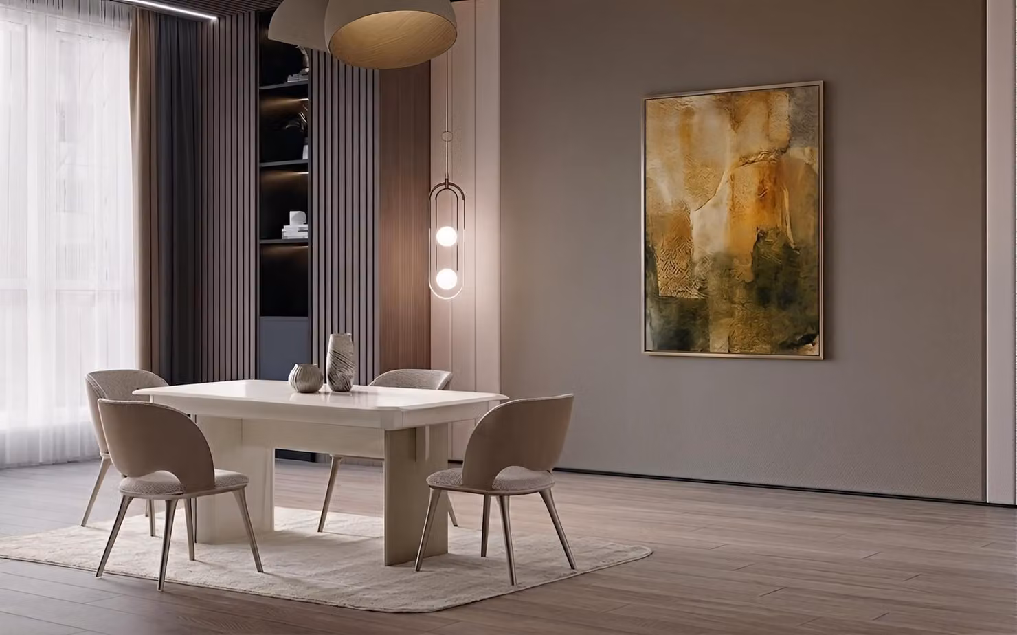 Set da pranzo moderno beige, composto da un tavolo Esszimmerset e 4 sedie, dal design elegante