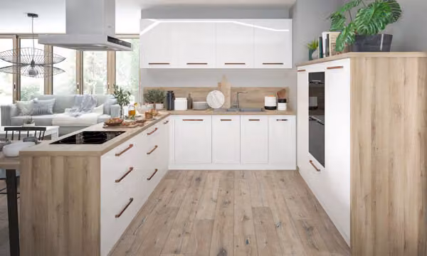 Cucina angolare a U ESSEN con piani di lavoro 289x250x188cm Estrazione parziale bianco Frontali in acrilico lucido