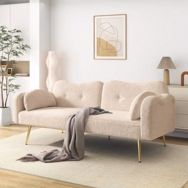 Divano letto 2 posti con schienale regolabile 155x85,5 cm in tessuto misto beige e naturale
