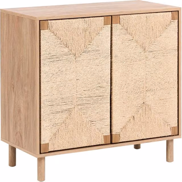 Credenza Beliani IT in stile boho moderno con ante in corda di carta, colore marrone chiaro e beige, ideale per soggiorno o camera da letto