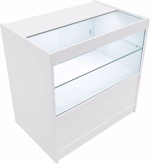 Bancone LED Bianco C900 con Vetrina, Ante Scorrevoli e Ripiani – Bloccabile