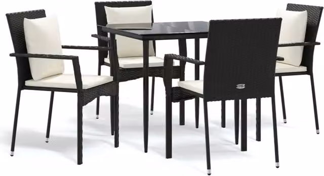 Set da Pranzo da Giardino 5 pz | Set Salotto da Giardino Nero con Cuscini in Polyrattan