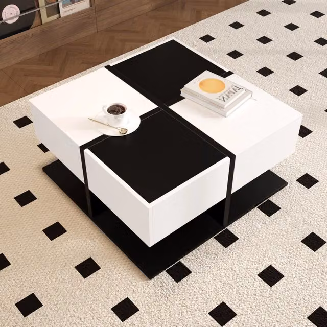 Tavolino da salotto moderno Zephmum con 2 cassetti lucidi nero e bianco L/P/H: 70 x 70 x 35,5 cm
