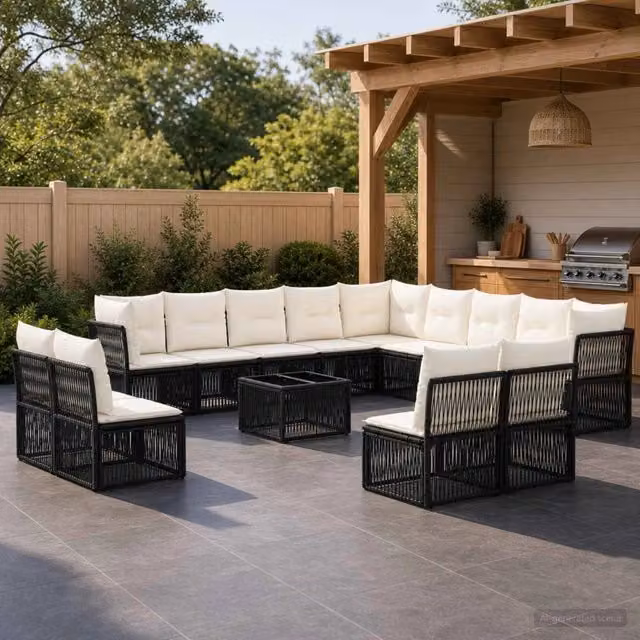 Set Divano da Giardino vidaXL a Forma di L in Polyrattan Nero con Cuscini e Tavolino da Esterno – 1