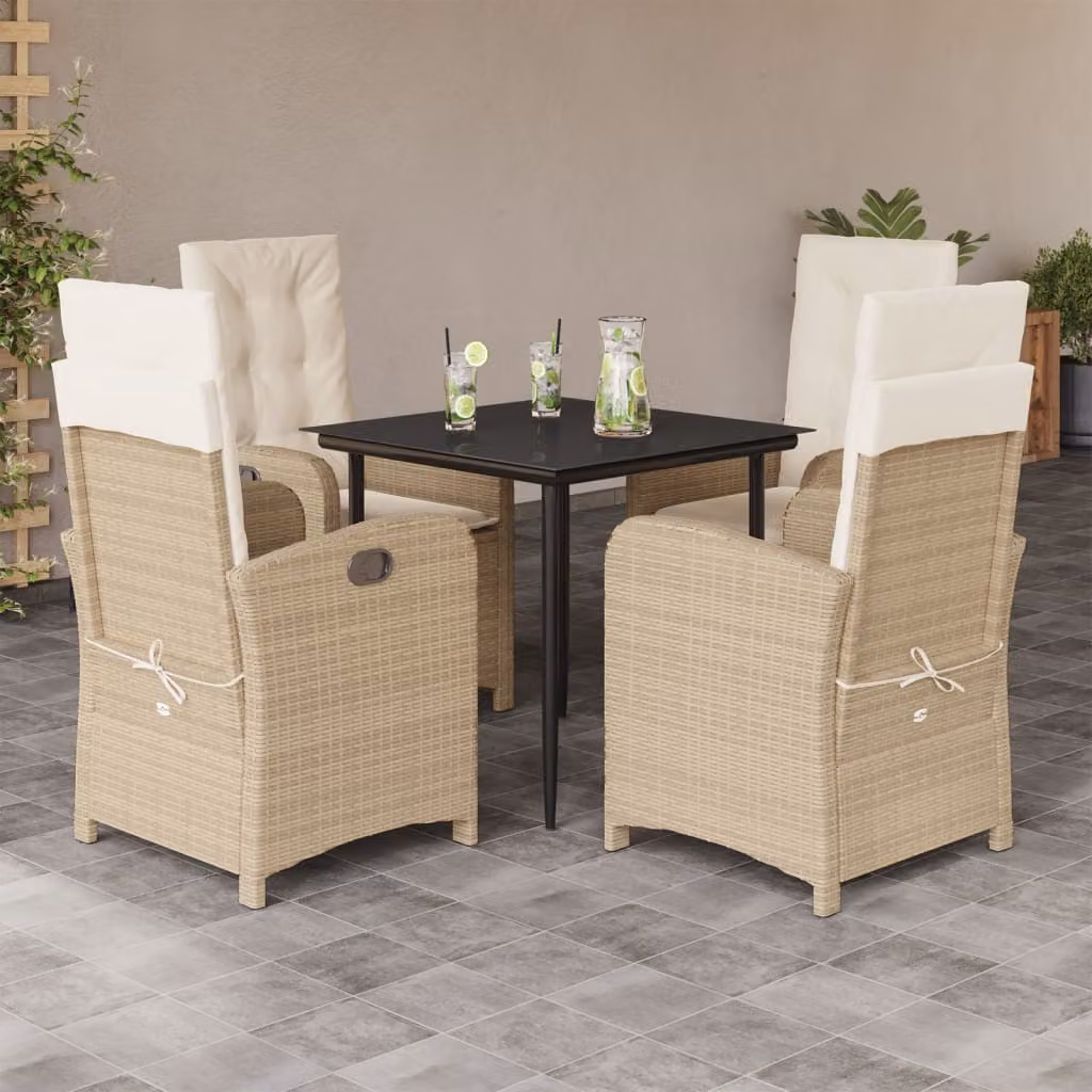 Set da Pranzo da Giardino 5 pz vidaXL in Polyrattan con Cuscini Beige e Tavolo in Vetro – 1