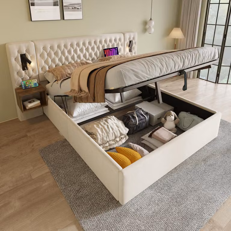 Letto imbottito idraulico Flieks 180x200cm con USB e comodino, letto matrimoniale box spring con lampada da lettura, letto contenitore letto in legno velluto, beige