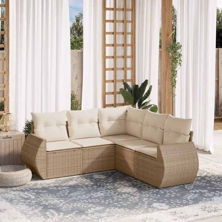 Set Divano da Giardino vidaXL 5 pz in Polyrattan Beige con Cuscini Imbottiti e Coperture Rimosse