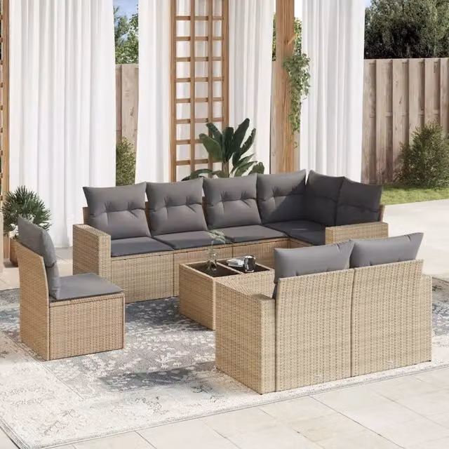 vidaXL Set Divano da Giardino a L in Polyrattan con Cuscini Beige e Tavolino da Esterno 9 pz