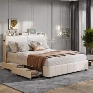 CDGlobal letto imbottito matrimoniale 160x200 cm con USB, letto contenitore 4 cassetti, rete a doghe in legno, struttura letto moderno in metallo, PU, beige