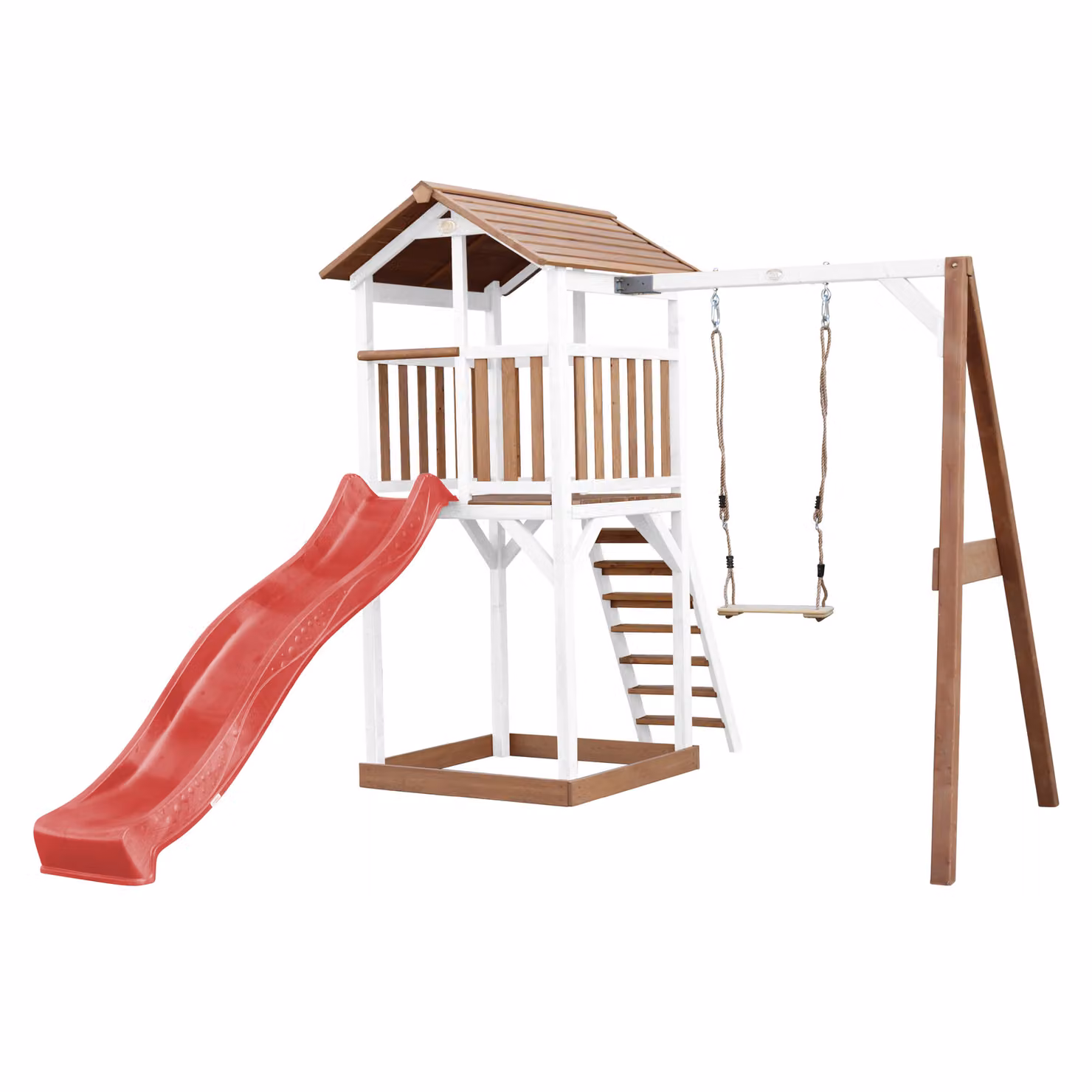 AXI Beach Tower parco giochi in legno in marrone e bianco | Torre di gioco con sabbiera, altalena e scivolo rosso | Casa per bambini su palafitte per il giardino