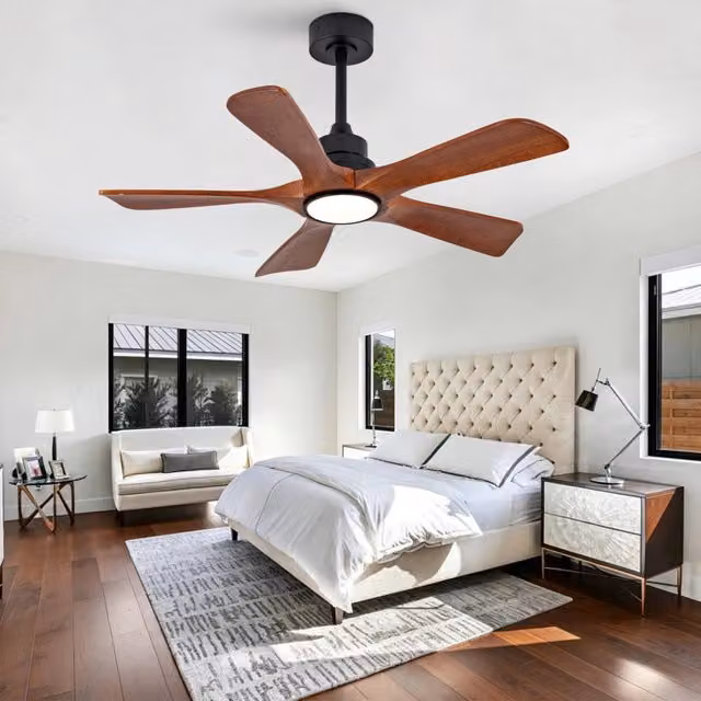 Ventilatore da soffitto con luce LED e telecomando con 5 pale in legno nero e noce