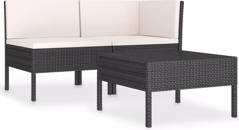 Set Divani da Giardino 3 pz con Cuscini in Polyrattan Nero