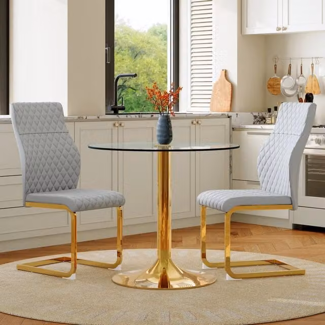 Set Tavolo e 2 Sedie: Tavolo Rotondo in Vetro Ø85 cm con Base Metallo Oro, 2 Sedie da Pranzo Moderne Grigio Chiaro e Oro, Stile Leggermente Lussuoso