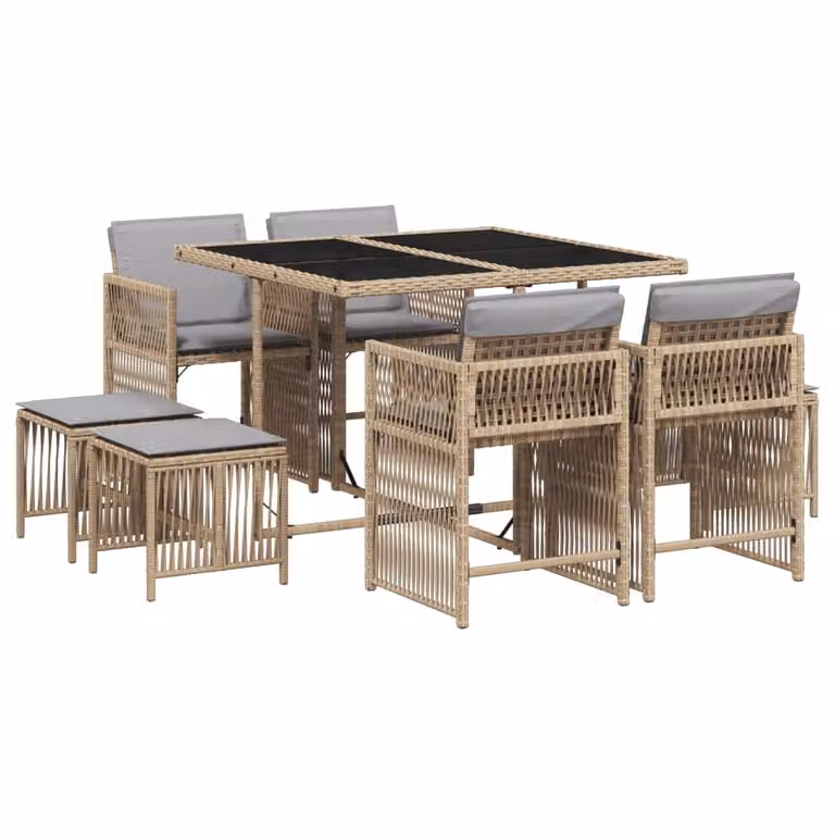 Set Pranzo da Giardino 9 pz con Cuscini Beige Misto Polyrattan